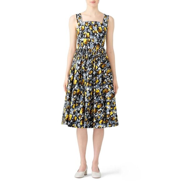 MARNI Citrus Full Skirt Black Printed Square Neck Midi Dress Women's Size IT 40